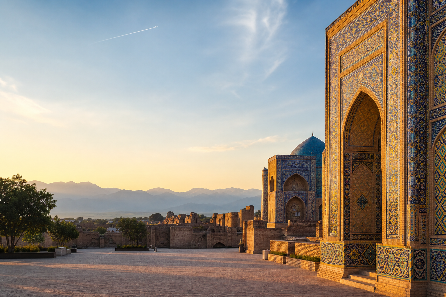 Historic Uzbekistan architecture at golden hour with mountains in the distance
